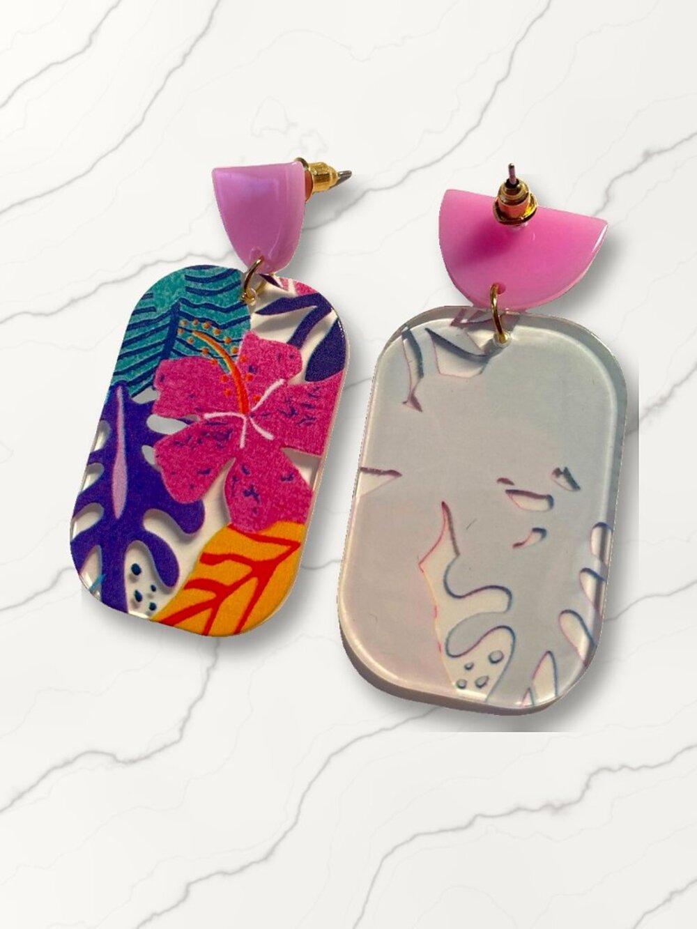 Tropical Hibiscus Print Acrylic Rectangle Earrings, Pink and Purple NWT